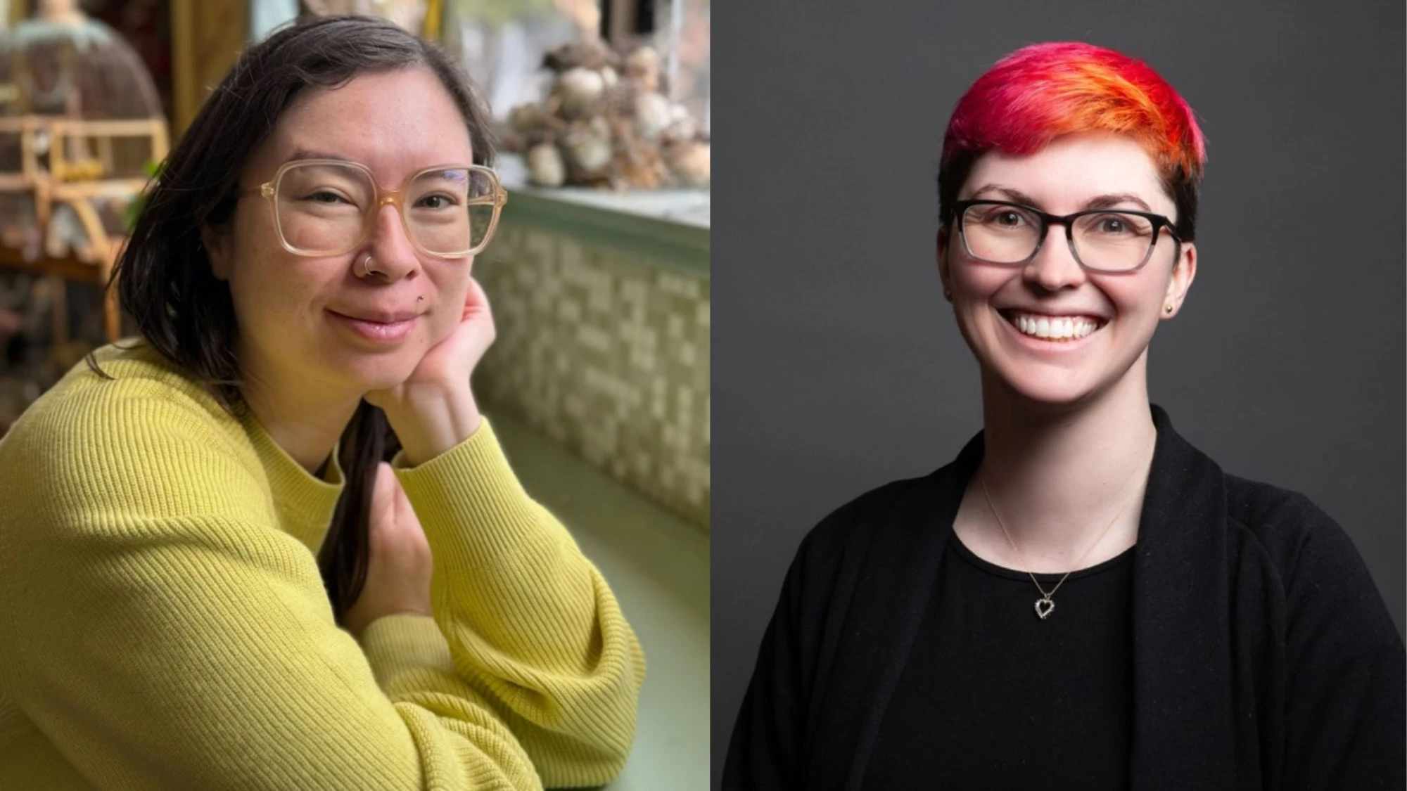 Split portrait of two smiling women, one with glasses in a yellow sweater and one with bright pink-orange hair in a black top, the Tall Poppy founders.