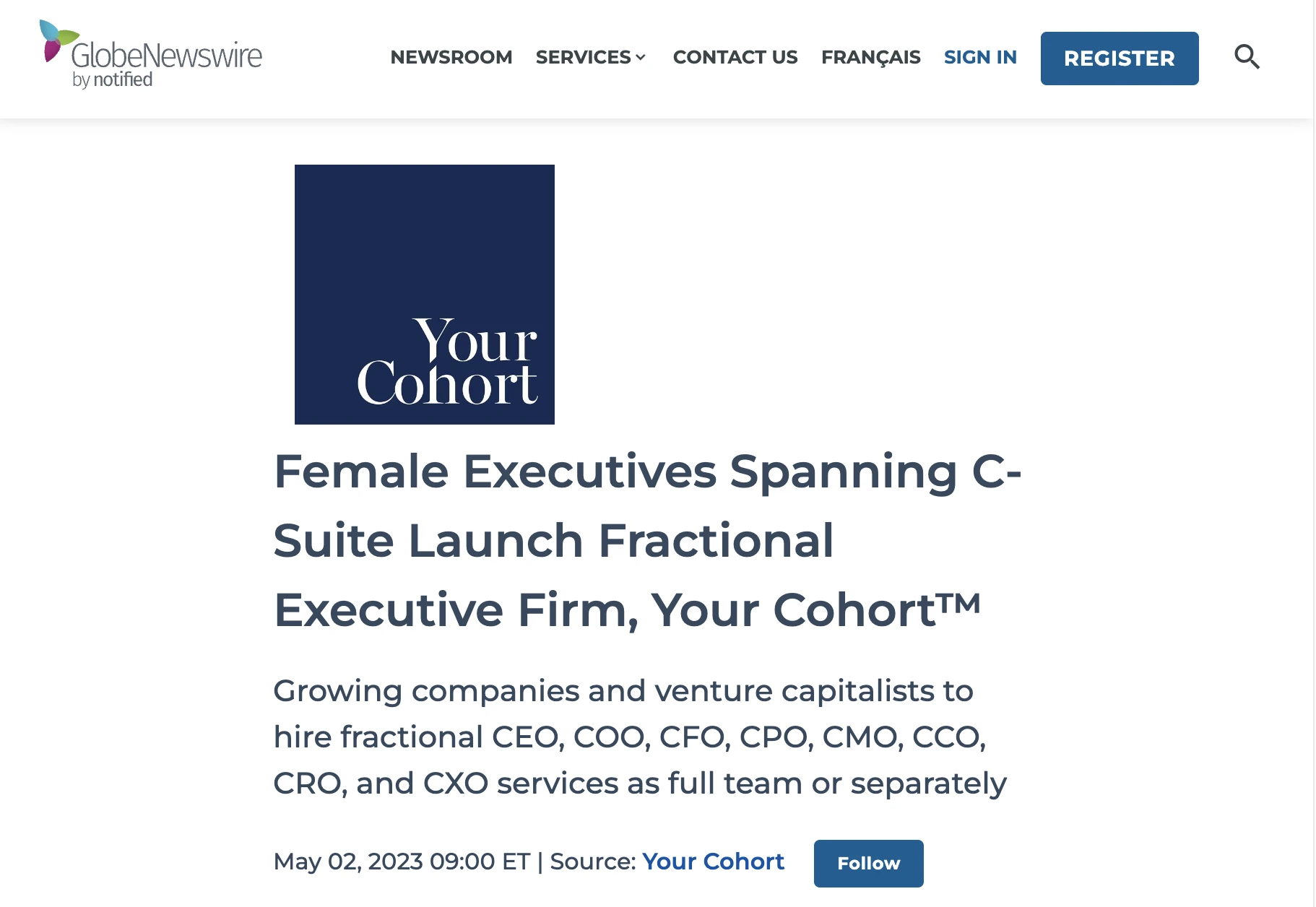 The GlobeNewswire press release page for "Female Executives Spanning C-Suite Launch Fractional Executive Firm, Your Cohort", showing the Your Cohort navy logo tile and headline.