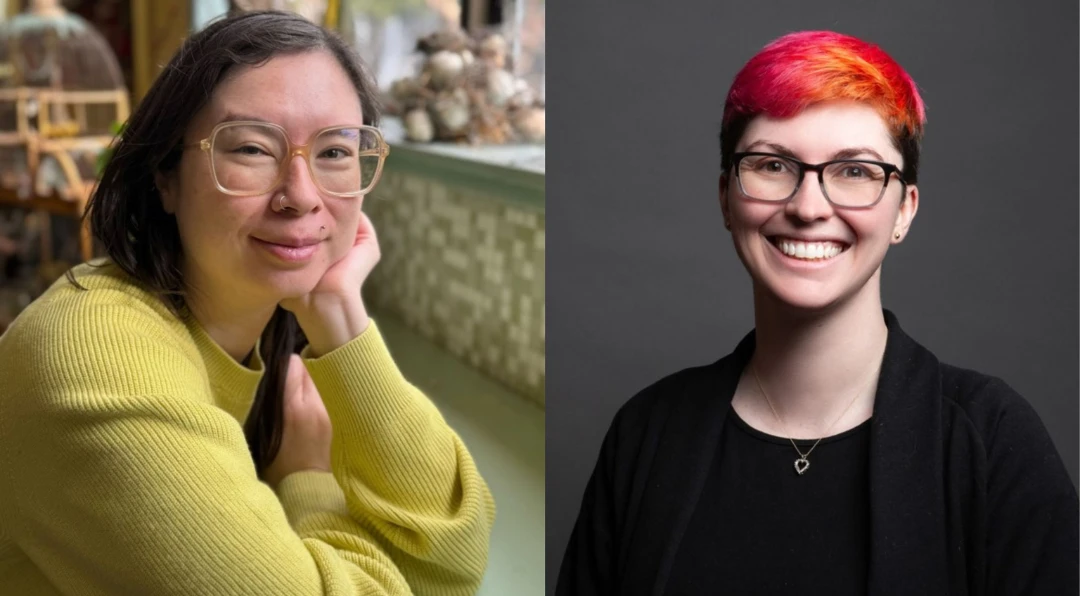 Split portrait of two smiling women, one with glasses in a yellow sweater and one with bright pink-orange hair in a black top, the Tall Poppy founders.